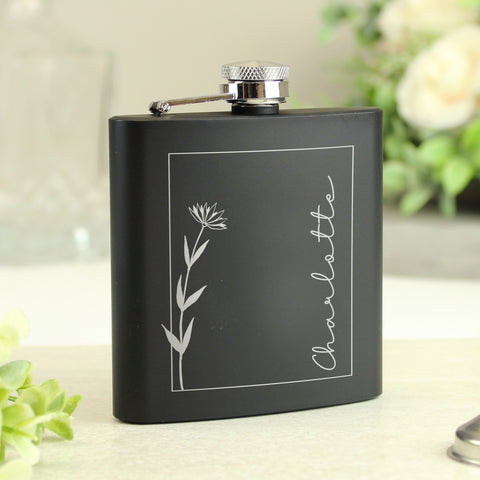 Personalised Monochrome Floral Name Black Hip Flask